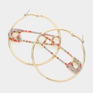 Colorful & Gold Safety Pin Unique Fun Statement Jewelry Hoop Crystal Earrings